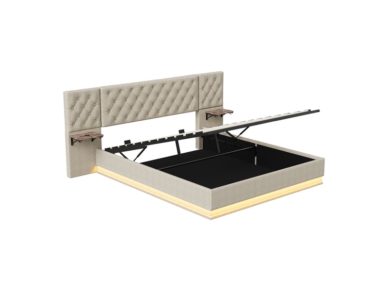  Lit coffre 2 places européen 140x200 cm, lit adulte, rangement, 2 chevets, led, recharge sans fil, port usb, lin beige  - Conforama E
