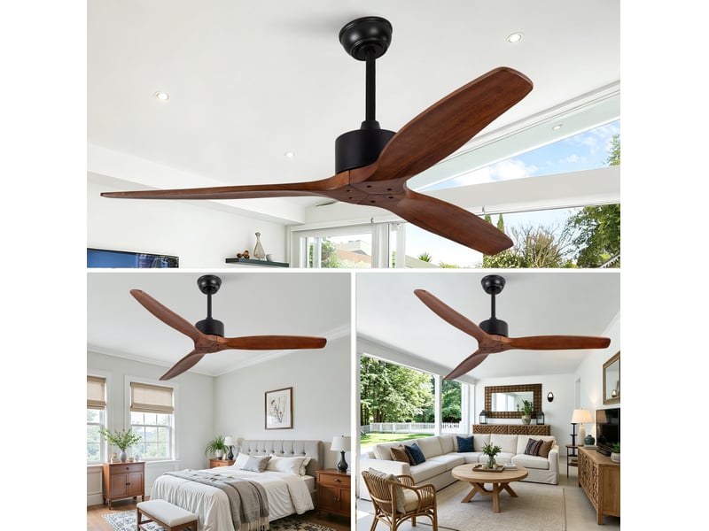  Ventilateur de plafond 132 cm sans éclairage en bois noyer foncé et noir avec télécommande  - Conforama D