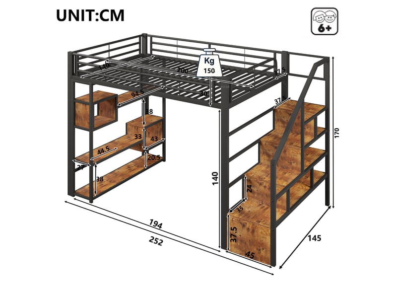  Lit mezzanine 140 x 200 cm, noir, sans matelas, structure métal, rangement et led, échelle et garde-corps  - Conforama B