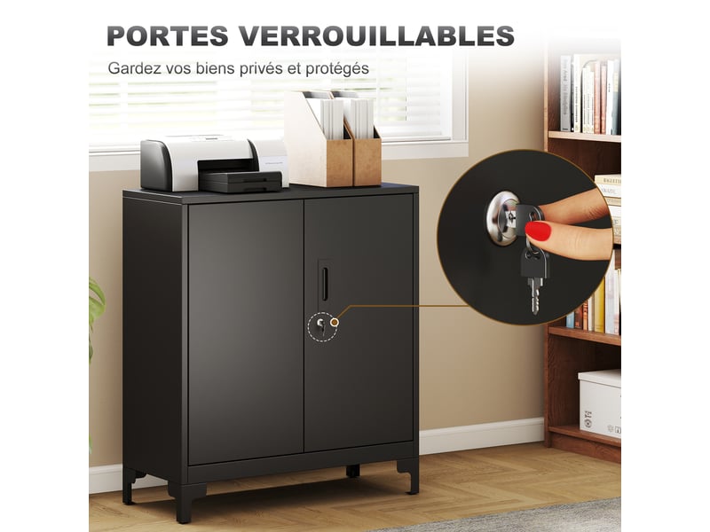  Armoire de bureau à 2 niveaux, meuble de rangement bureau métallique avec 2 portes verrouillables, noir, 80 x 35 x 91 cm  - Conforama E