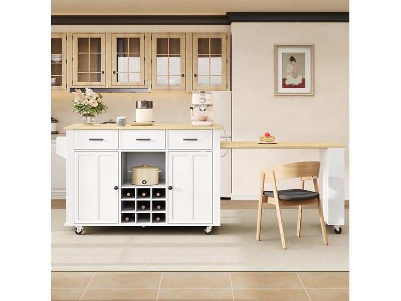  Îlot de cuisine mobile extensible 136-223 x 50 cm avec prises usb, blanc et bois  - Conforama E