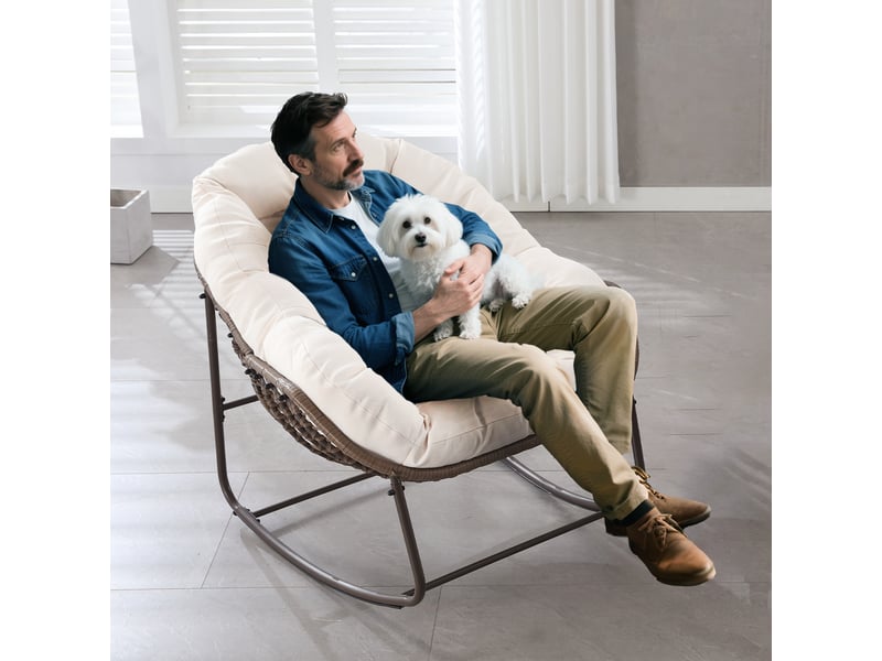Cocon - lot de 2 fauteuils à bascule en rotin naturel – forme œuf et coussins blanc crème – confortable pour salon, véranda ou chambre - Conforama D