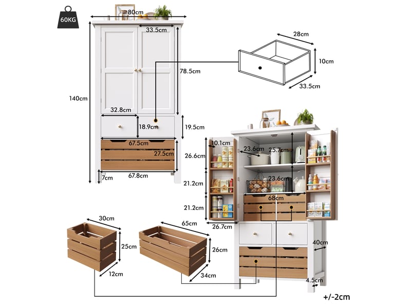 Buffet de cuisine modenvie 80 x 40 x 140 cm 2 portes 5 tiroirs mdf blanc  - Conforama C