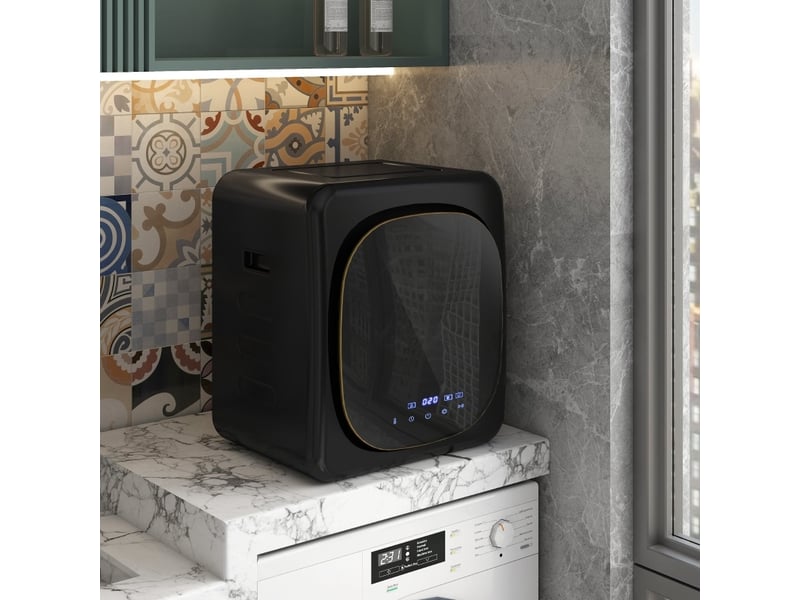 Mini sèche-linge 48 x 40 x 56 cm noir en acier inoxydable, 6 programmes, capacité 4 kg, pose libre ou murale - Conforama B