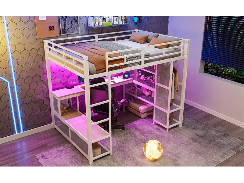  Lit mezzanine 2 places 140×200 cm avec bureau, rangements, usb et led - okmyhome- blanc, sans matelas  - Conforama E