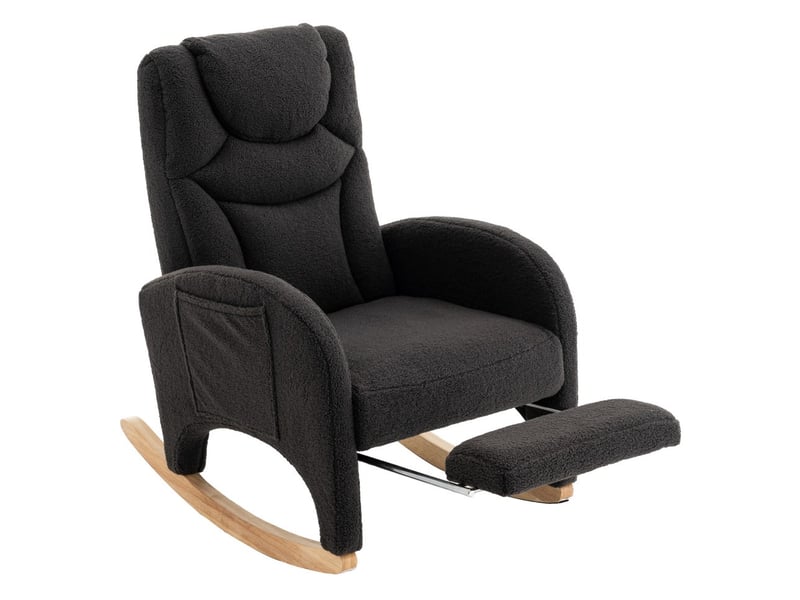  Fauteuil à bascule relax - 66x125x101 cm - avec repose-pieds pliable et têtière en tissu teddy bouclette pieds bois - gris foncé  - Conforama A
