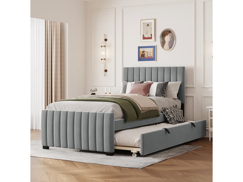  Lit simple rembourré 90 x 190 cm, avec lit gigogne, velours doux pour la peau, gris  - Conforama B