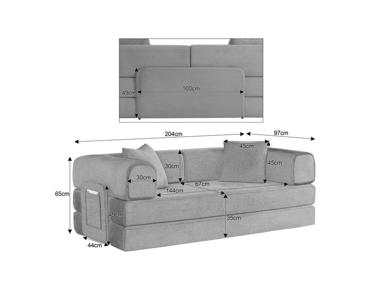  Canapé droit convertible 3 places en velours côtelé beige, avec 2 coussins, pour salon, chambre et appartement  - Conforama C