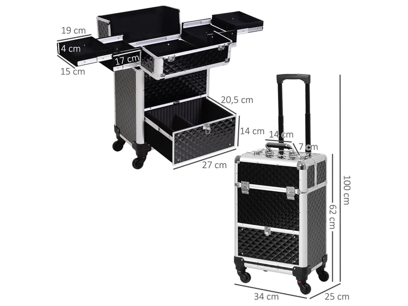  Valise trolley maquillage mallette cosmétique vanity poignée télescopique réglable 34l x 25l x 62h cm alu. Noir  - Conforama E