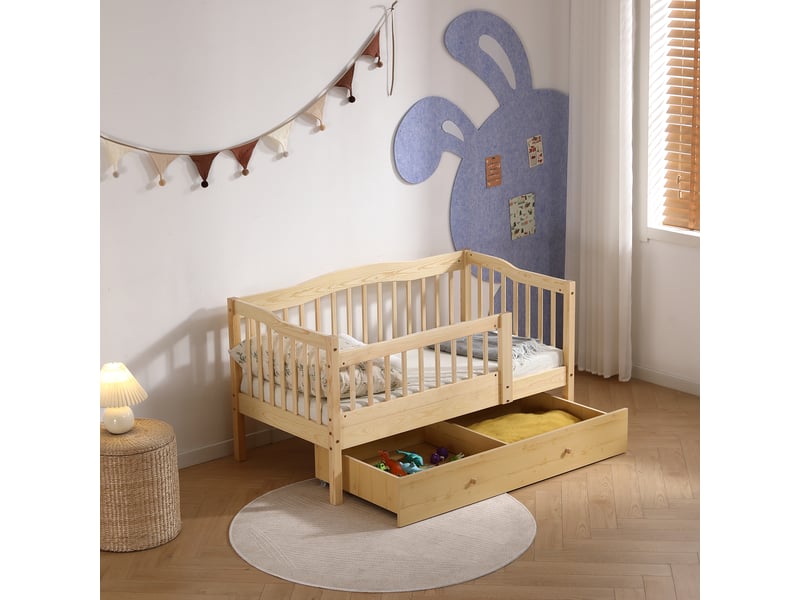  Lit enfant 70x140 cmavec tiroir et barrière de sécurité - sommier à lattes inclus,  naturel  - Conforama B
