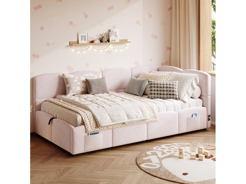  Modenvie lit coffre 90x200 cm - avec ports usb et poche de rangement, sans matelas - rose  - Conforama E