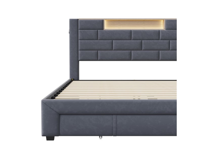  Lit 160x200cm - lit double 160x200cm - lit adulte tête de lit niche avec led et usb type-c et 3 tiroirs de rangement - velours gris  - Conforama A