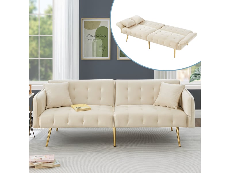  Canapé-lit 2 places convertible en velours beige, dossier et accoudoirs réglables, couchage 215 x 81,5 cm  - Conforama E