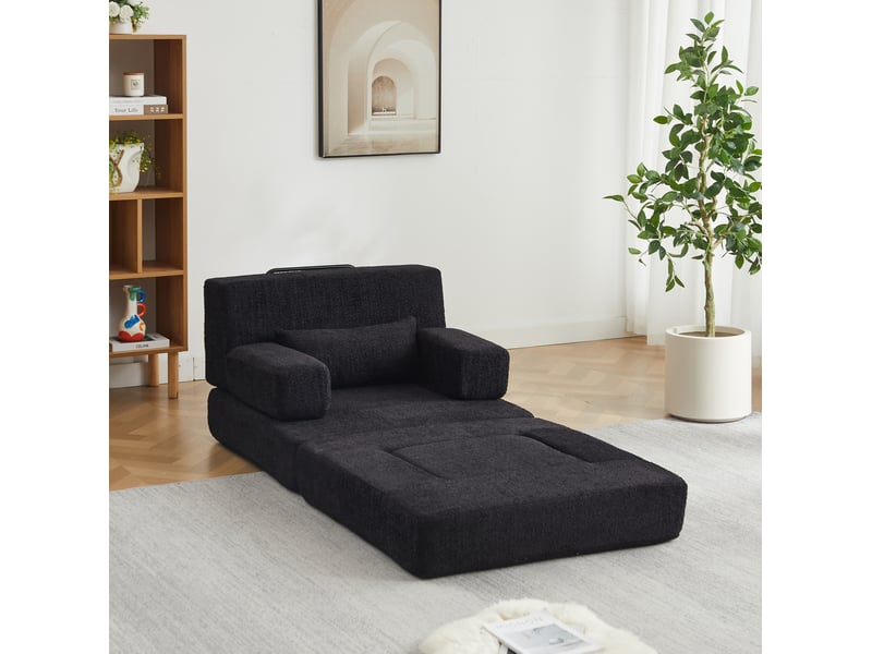  Fauteuil 2-en-1 modulable en tissu chenille noir  - Conforama B