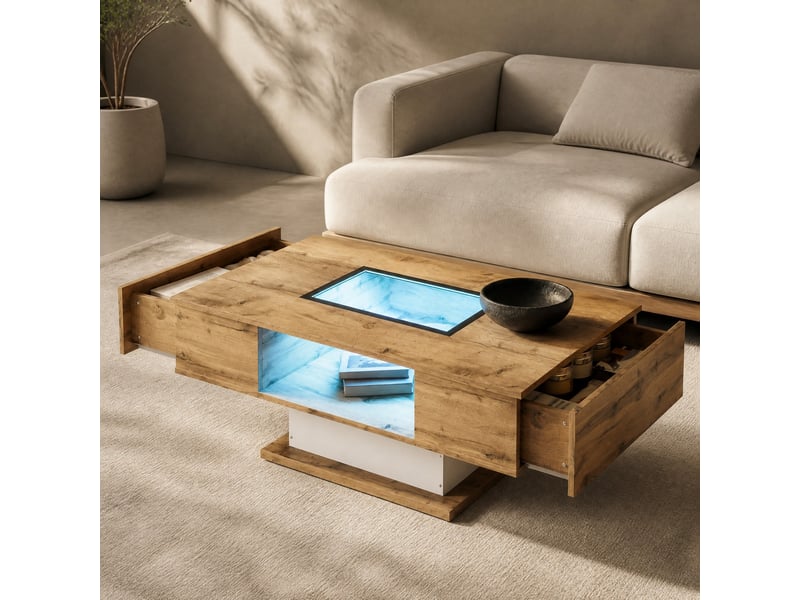  Table basse 110,2x60x39,7 cm avec 2 tiroirs et éclairage led, effet chêne et blanc  - Conforama B