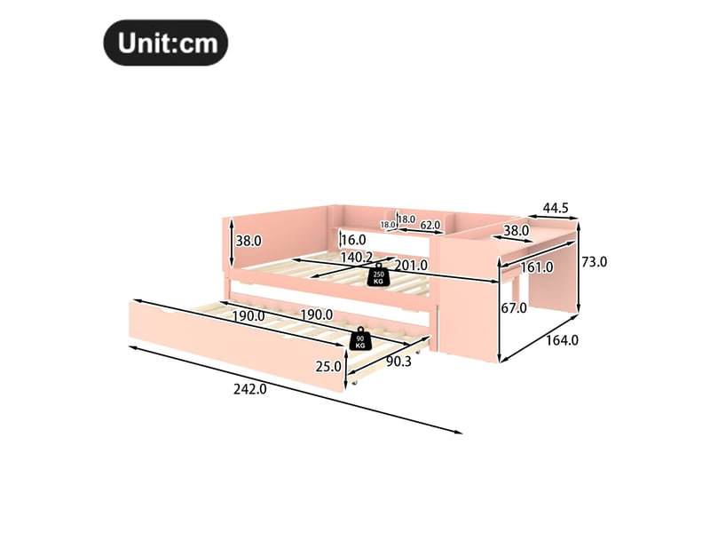  Lit double 140x200 cm avec bureau et lit gigogne, rose, sans matelas  - Conforama C