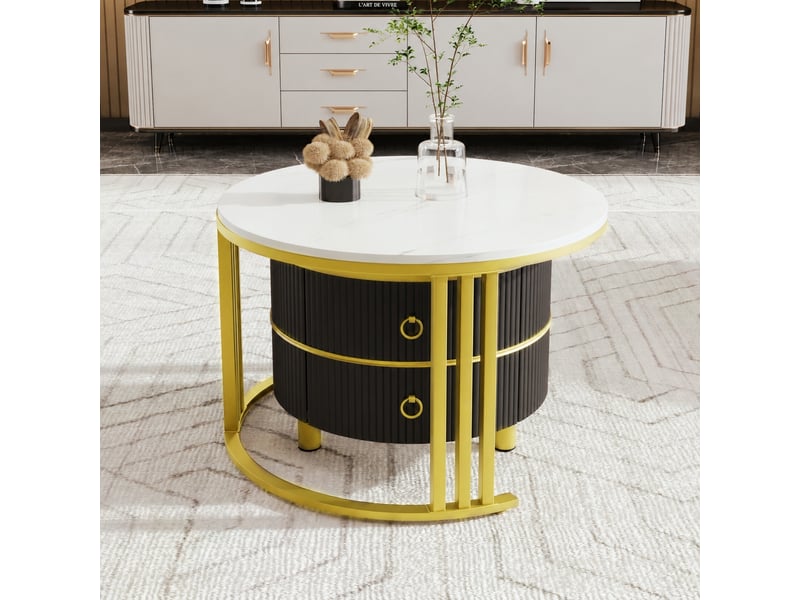  Ensemble de 2 tables basses rondes avec 2 tiroirs, effet marbre brillant, ø 70 et 50 cm  - Conforama E
