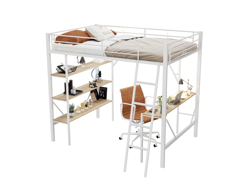  Lit mezzanine 90x200 cm avec bureau et trois tablettes, coloris blanc et naturel  - Conforama A