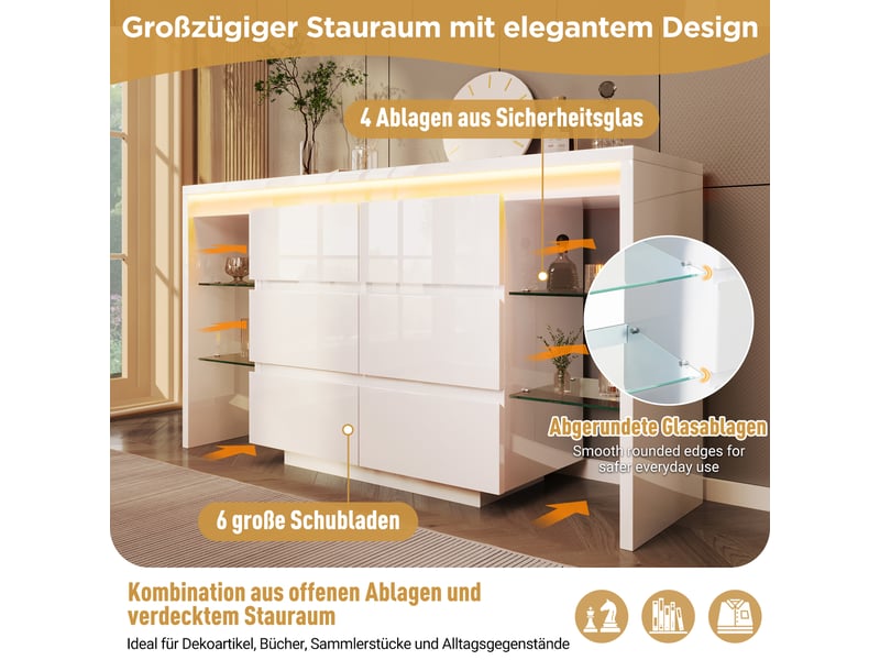  Buffet 6 tiroirs et 4 étagères en verre led blanc brillant 155x40x80 cm AB20430304W - Conforama D