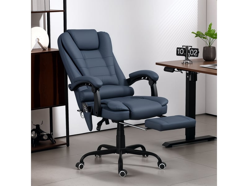  Fauteuil de bureau avec 7 points de massage et repose-pieds, cuir pu et structure en acier, 67 x 67 x 111-121 cm, bleu  - Conforama D