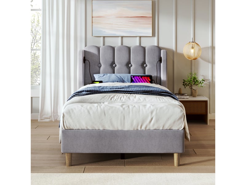 Lit simple 90 × 200 cm 1 place avec ports usb et usb-c, tête de lit rembourrée, sans matelas, en lin gris  - Conforama C