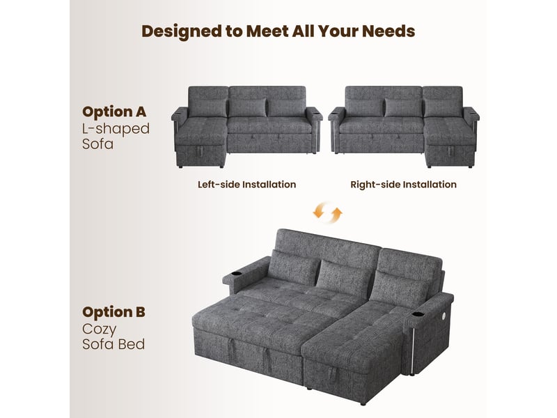 Canapé d'angle en l convertible en lit 209 x 141,5 x 90 cm, éclairage led et ports usb, dossier réglable avec coussins et porte-gobelet, gris evarich - Conforama D