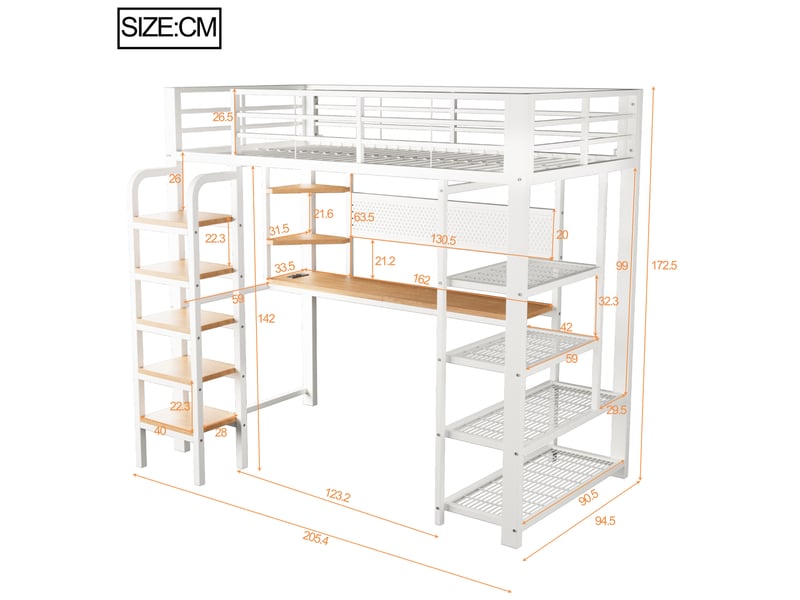 Lit mezzanine simple 90×200 cm avec bureau et led - okmyhome- prises, étagères et échelle, sans matelas, métal blanc - Conforama D
