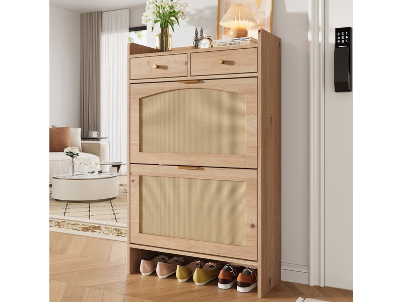  Meuble à chaussures avec 2 abattants et 2 tiroirs, portes aspect rotin, pour entrée, naturel, 65 × 25 × 106 cm  - Conforama B