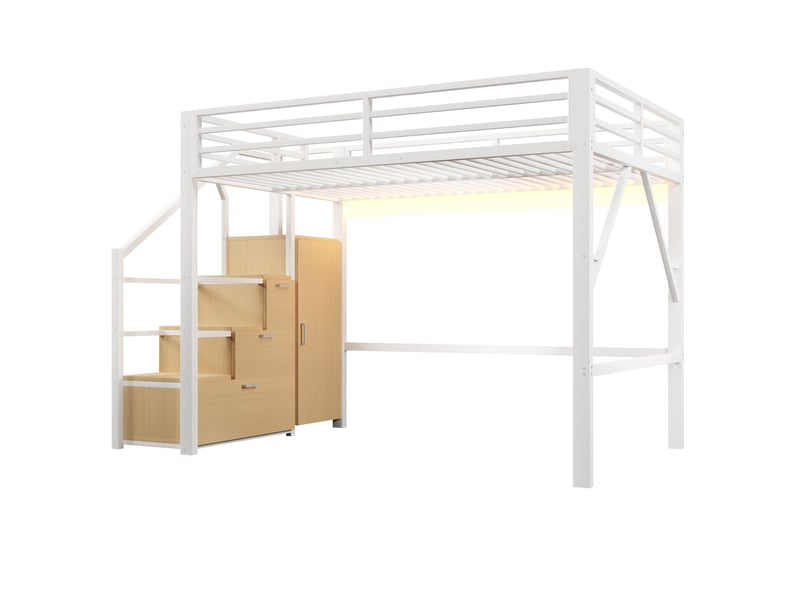Lit mezzanine 140 x 200 cm compartiments de rangement meuble intégré éclairage led structure métal blanc - Conforama A