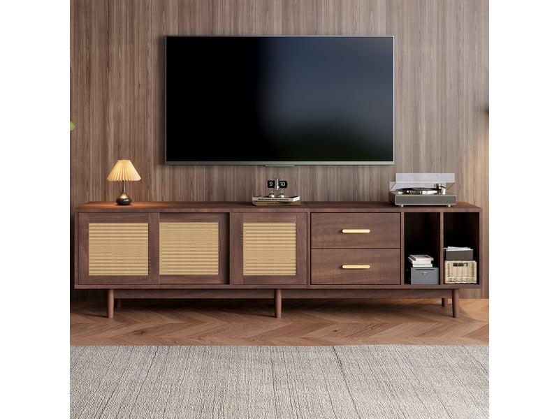  Meuble tv 190 cm rotin marron avec tiroirs - 6 pieds pour écran 75 pouces  - Conforama E