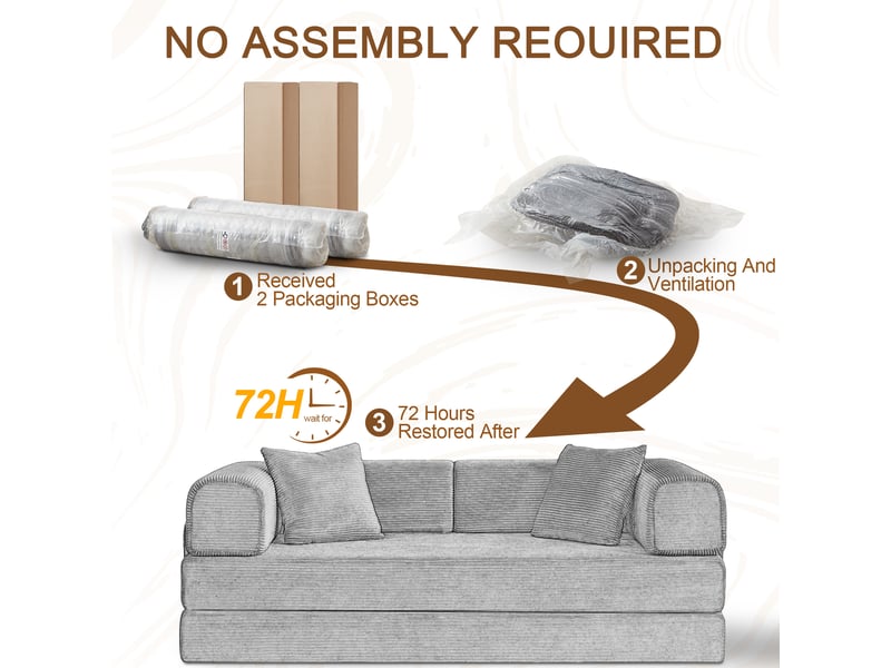  Canapé droit convertible 3 places en velours côtelé taupe, structure acier chromé, 2 coussins, pour salon  - Conforama A