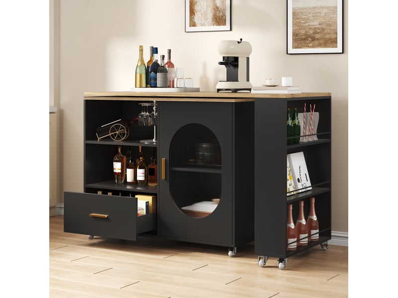  Îlot de cuisine 120-180x60x90 cm plateau pivotant 360° coloris naturel et noir  - Conforama D