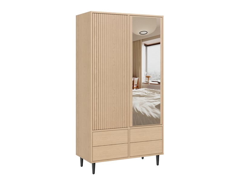 Armoire de chambre 90 x 45 x 200 cm, 4 tiroirs, 4 compartiments et 1 tringle, 2 portes avec miroir, chêne - Conforama A