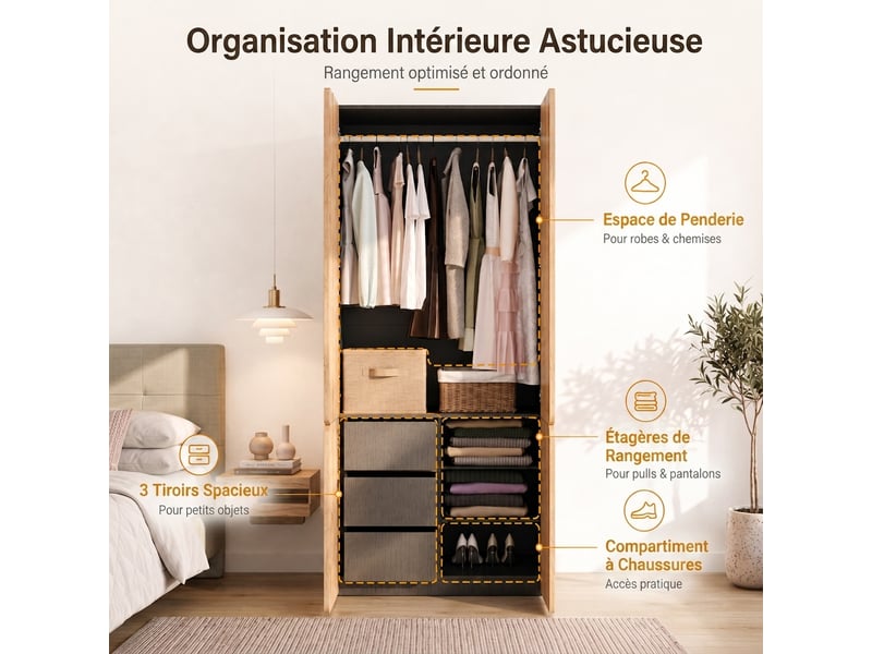  Armoire de chambre aspect chêne avec penderie, 4 portes et 3 tiroirs, 90x50x200 cm  - Conforama R