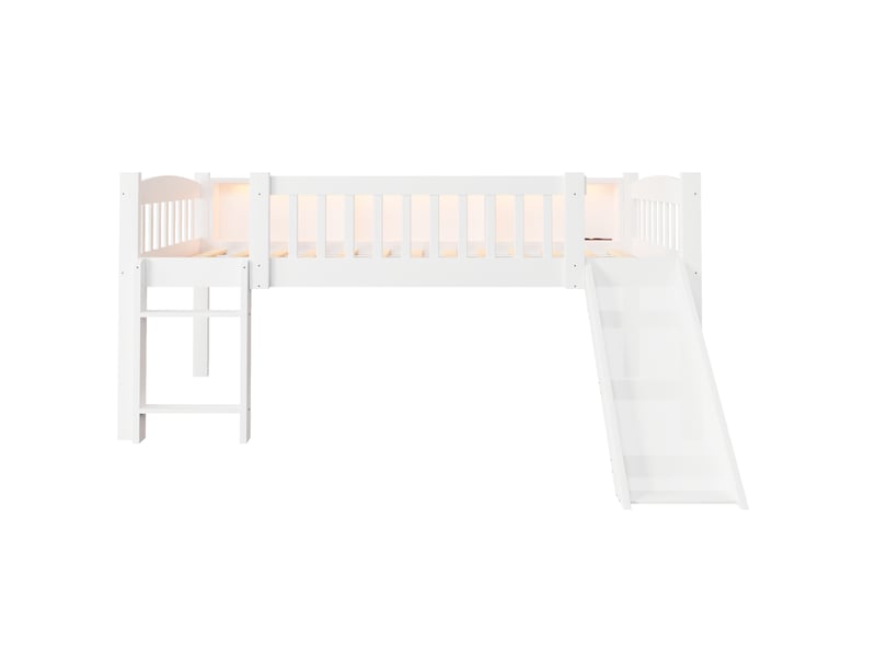  Lit surélevé enfant 90x200 cm avec toboggan, rangements et led blanc  - Conforama E