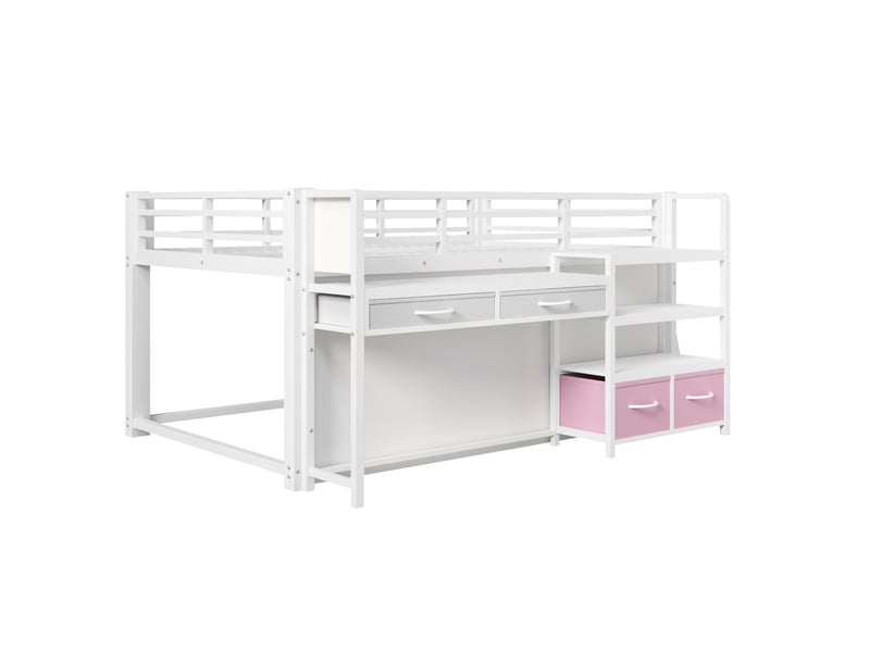  Lit mezzanine enfant 140 x 200 cm blanc en métal et mdf, avec bureau, rangements, tiroirs en tissu et led  - Conforama D