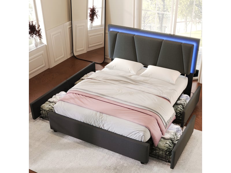  Lit double 140x200 cm avec rangements et led, sommier à lattes, revêtement gris tissu  - Conforama D