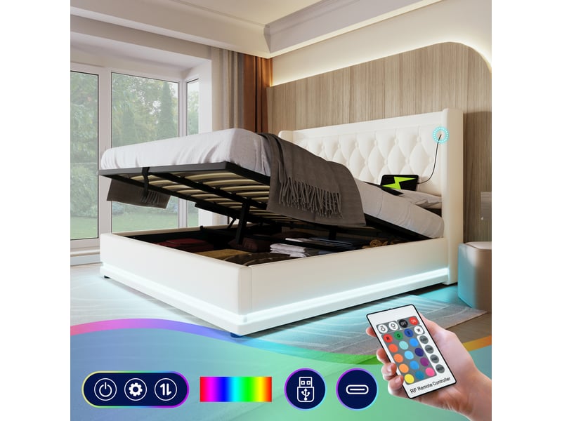 Lit double rembourré 160x200 cm avec matelas, structure de lit avec tête de lit en pu, blanc, lit double led - Conforama C