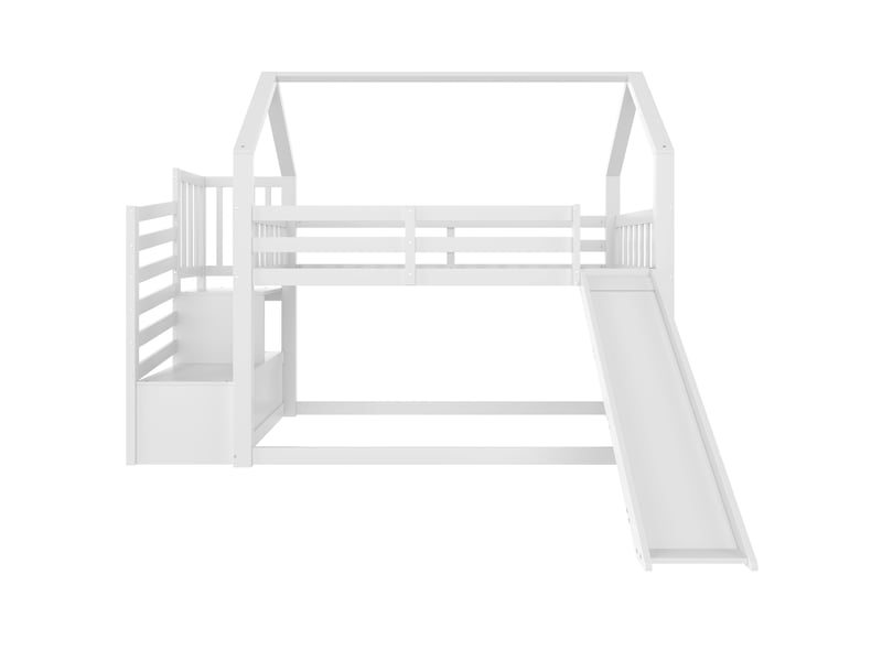  Lit superposé enfant blanc 90 × 200 cm, style maison, escalier avec rangement et toboggan  - Conforama A
