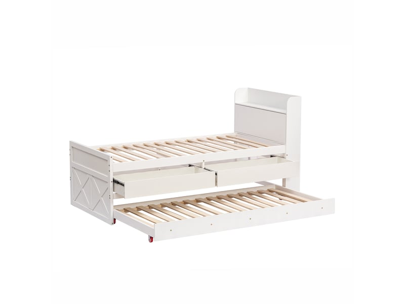  Lit simple 90x190 en bois massif avec tiroirs et lit gigogne, lit enfant blanc multifonction avec rangement et prise usb.  - Conforama A