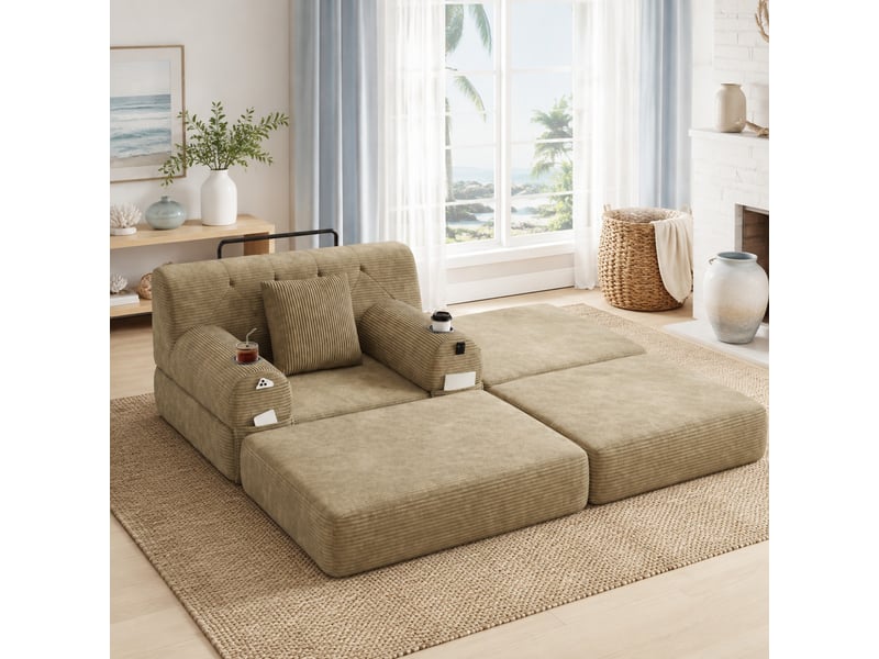  Fauteuil-lit convertible 1 place avec repose-pieds, 4 poches et 2 porte-gobelets en velours côtelé kaki  - Conforama B