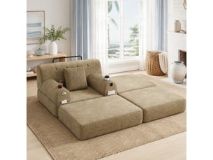Fauteuil-lit convertible 1 place avec repose-pieds, 4 poches et 2 porte-gobelets en velours côtelé kaki