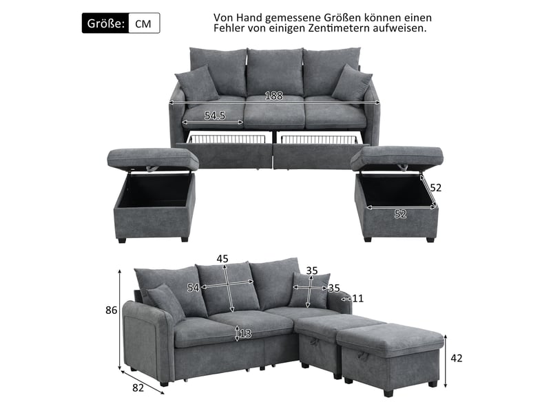 Canapé d’angle en u 3 places modulable et convertible en lit une personne, tissu chenille gris foncé, 2 poufs et rangements - Conforama D