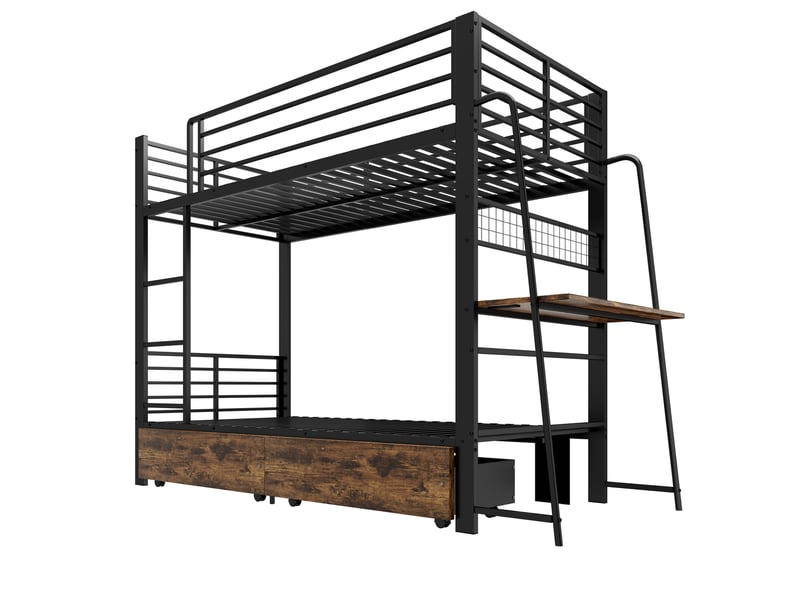  Lit superposé 90x200 cm avec bureau, led et tiroirs en métal et mdf couleur noir et brun, sans matelas, design industri  - Conforama E