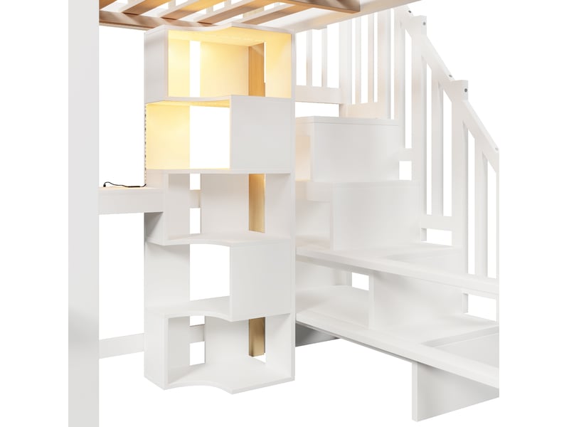  Lit mezzanine 140x200 cm avec led, fenêtre style maison, rangements intégrés, bois et mdf, blanc naturel, sans matelas  - Conforama E