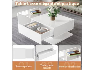Table basse salon moderne brillante avec rangement - led - blanc - 1 tiroir - meuble salon table d'appoint - 105x55x32.5cm