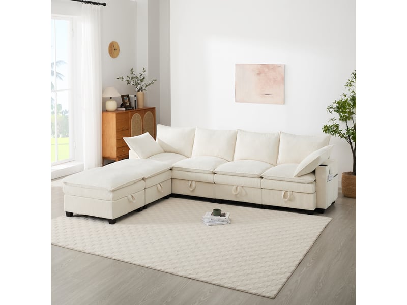  Canapé d'angle, canapé modulable, en velours côtelé, beige, porte-gobelets, repose-pieds, design moderne, usb  - Conforama W