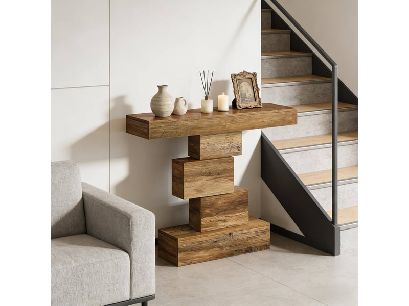  Table console 108x30x80 cm avec piètement géométrique, panneau de particules, bois clair  - Conforama C