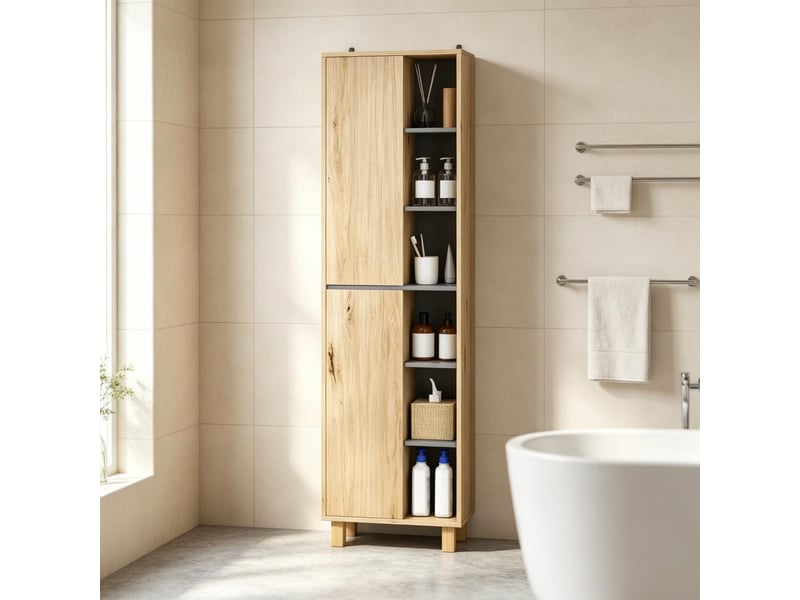  Armoire de salle de bain haute avec 6 compartiments ouverts et 2 portes, unité de rangement pour la maison  - Conforama A