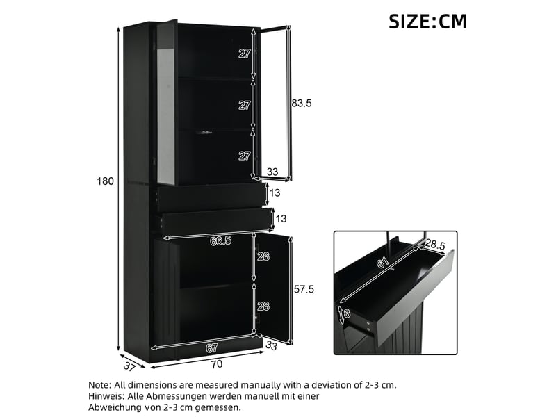Buffet haut 70x37x180 cm, éclairage led, en panneaux de particules avec 2 tiroirs, style contemporain, coloris noir - Conforama C